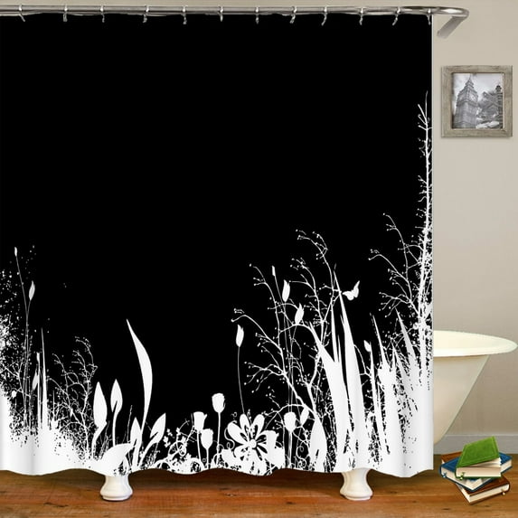 Shower Curtain Black and White Floral Pattern 3D Printing Shower Curtain Polyester Waterproof Home Decor Curtain 180x180CM