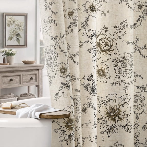 Shower Curtain Black-taupe Base Long 72" Wx78" L Farmhouse Botanical Print Bathroom Use