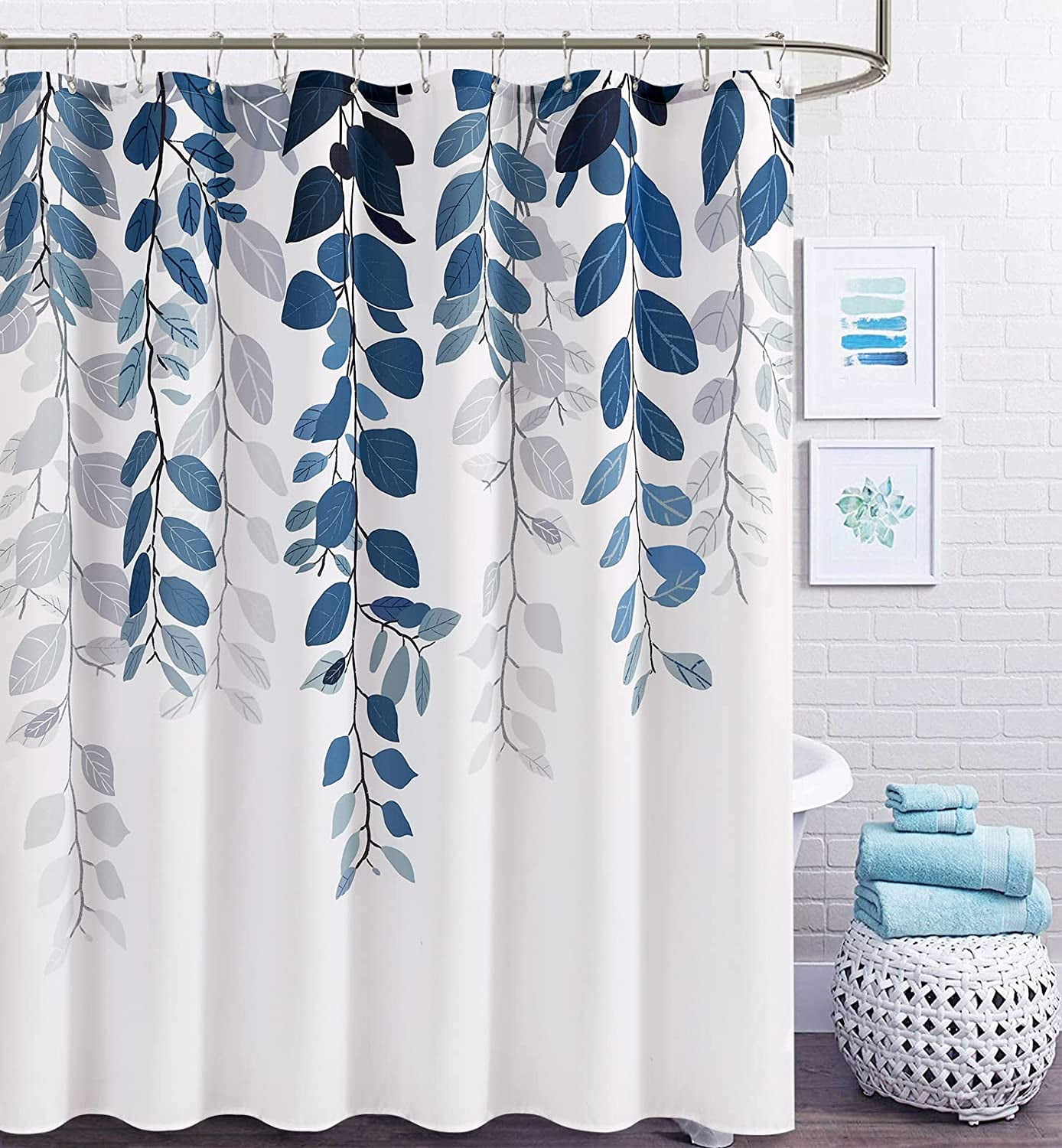 Shower Curtain Blue Bathroom Decor Linen Blended Plant Shower Curtain