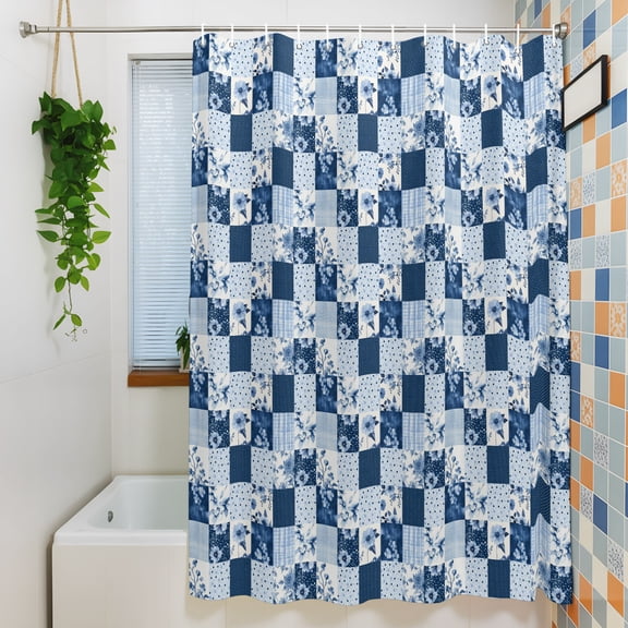 Shower Curtain, Blue Checkered Rustic Floral Waterproof Polyester Fabric Bath Curtain with Hooks for Bathroom Bathtub Stalls, Wave Point on Square 36x72IN