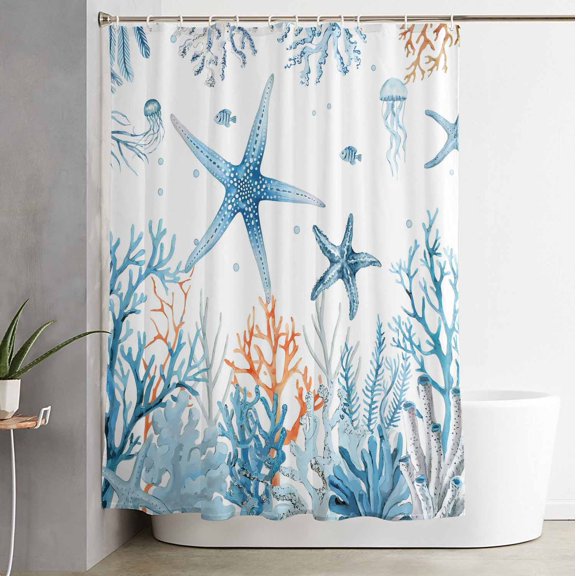 Shower Curtain, Blue Coral Starfish Jellyfish on White Waterproof Shower Curtain Set with Hooks for Bathroom Showers,Stalls and Bathtubs,60x72In Ocean Marine Life