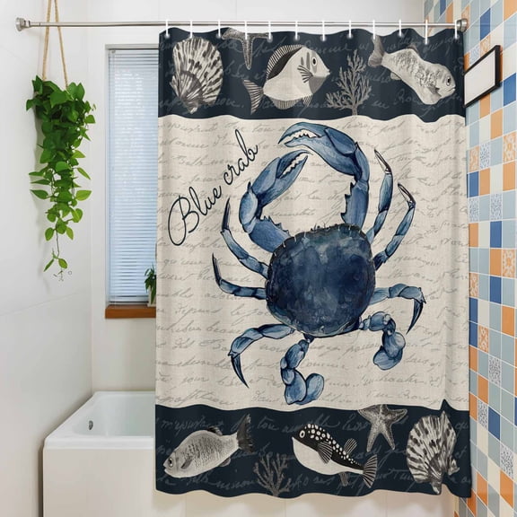 Shower Curtain, Blue Crab Fish Shell Ocean Life Waterproof Polyester Fabric Bath Curtain with Hooks for Bathroom Bathtub Stalls, Summer Nautical Retro Words 72x72IN