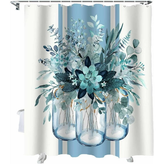 Shower Curtain Blue Eucalyptus Leaf Flower Shower Curtains for Bathroom Decor Stripes Jar Floral Shower Curtain Sets with Hooks Waterproof Fabric Bath Curtain Small Stall 36" X 72"