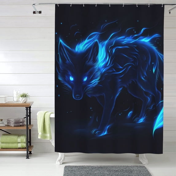 Shower Curtain, Blue Flames Black Fox Waterproof Fabric Plastic Shower Curtain, Drying Fast Bathroom Curtain with 9 Buttonholes, Ruffle Shower Curtain 60x72in