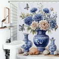 thumbnail image 1 of Shower Curtain Blue Floral Ceramic Set-2 Bath Curtain Polyester Fabric Bathroom Ration With Hooks, 1 of 4