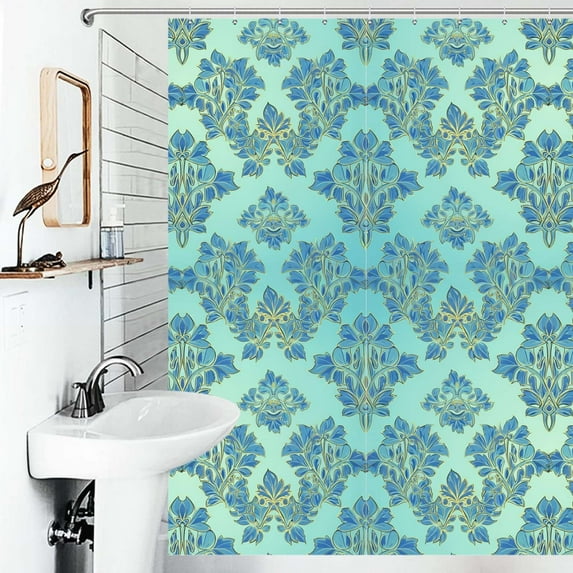 Shower Curtain Blue Floral Damask Pattern Polyester Waterproof Home Ration Curtain With Hook