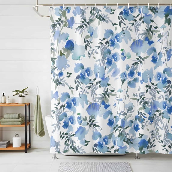 Shower Curtain Blue Floral Shower Curtains for Bathroom Decor, Waterproof Polyester Shower Curtain Set with Hooks, Standard Size 72" x 72" Lead Watercolor Flowers