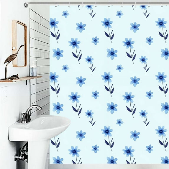 Shower Curtain Blue Floral Watercolor Pattern Bath Curtain Polyester Fabric Bathroom Ration With Hooks