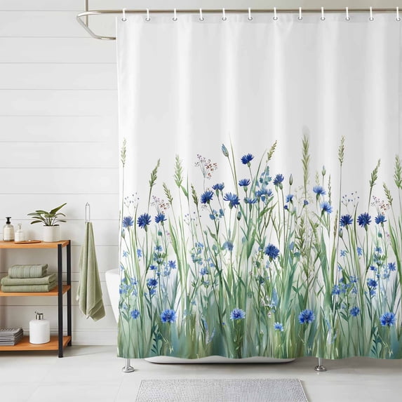 Shower Curtain Blue Flowers Leaves Shower Curtains for Bathroom Decor, Waterproof Polyester Shower Curtain Set with Hooks, Small Stall Size 36" x 72" Floral Plant