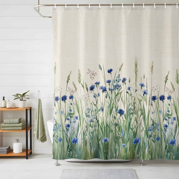 Shower Curtain Blue Flowers Leaves Shower Curtains for Bathroom Decor, Waterproof Polyester Shower Curtain Set with Hooks, Small Stall Size 36" x 72" Floral Plant Retro