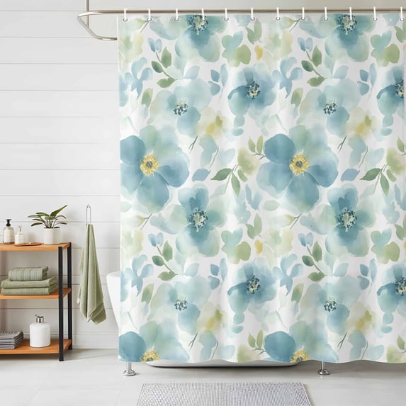 Shower Curtain Blue Flowers Shower Curtains for Bathroom Decor, Waterproof Polyester Shower Curtain Set with Hooks, Standard Size 72" x 72" Watercolor Floral Leaf
