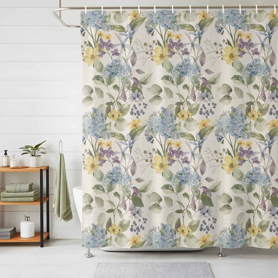 Shower Curtain Blue Hydrangea Leaves Shower Curtains for Bathroom Decor, Waterproof Polyester Shower Curtain Set with Hooks, Small Stall Size 36" x 72" Wildflowers Plant Beige