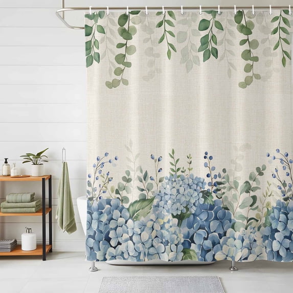 Shower Curtain Blue Hydrangea Shower Curtains for Bathroom Decor, Waterproof Polyester Shower Curtain Set with Hooks, Extra Long 72" x 96" Green Eucalyptus Leaves