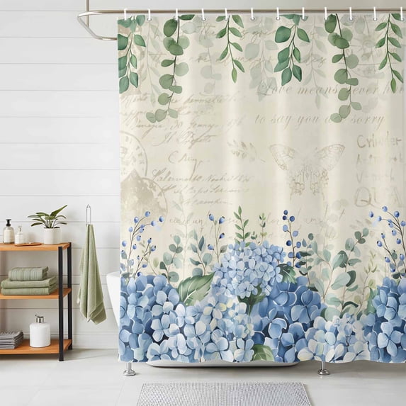 Shower Curtain Blue Hydrangea Shower Curtains for Bathroom Decor, Waterproof Polyester Shower Curtain Set with Hooks, Small Stall Size 36" x 72" Green Eucalyptus Leaves Vintage