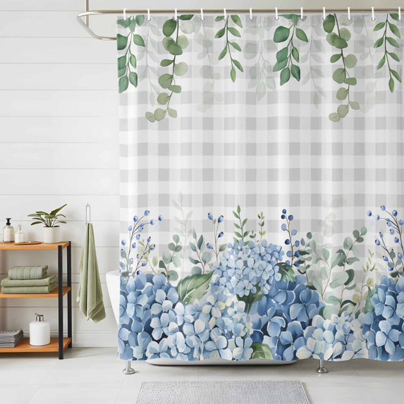 Shower Curtain Blue Hydrangea Shower Curtains for Bathroom Decor, Waterproof Polyester Shower Curtain Set with Hooks, Small Stall Size 36" x 72" Green Eucalyptus Leaves Grey Plaid