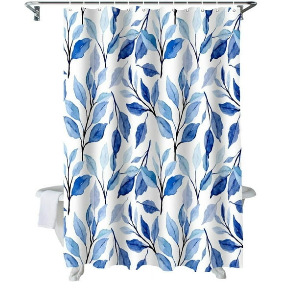 Shower Curtain Blue Leaves Watercolor Shower Curtains for Bathroom Decor Plant Floral Pattern Shower Curtain Sets with Hooks Waterproof Fabric Bath Curtain Extra Long 72" X 84"