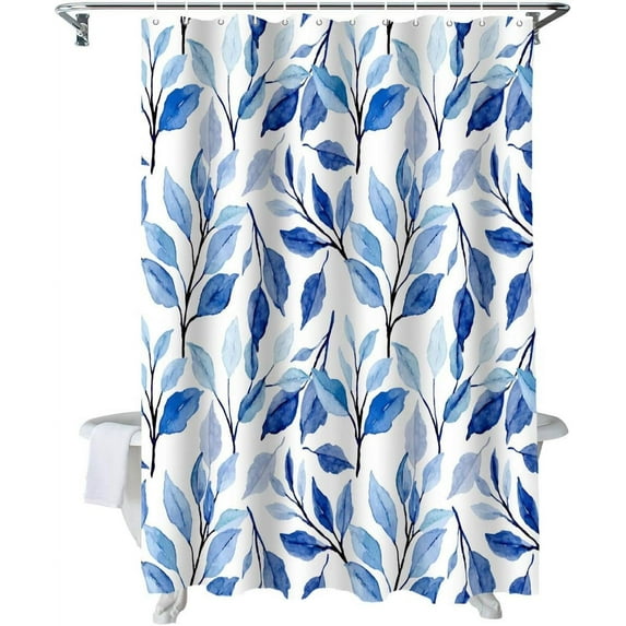 Shower Curtain Blue Leaves Watercolor Shower Curtains for Bathroom Decor Plant Floral Pattern Shower Curtain Sets with Hooks Waterproof Fabric Bath Curtain Extra Long 72" X 84"