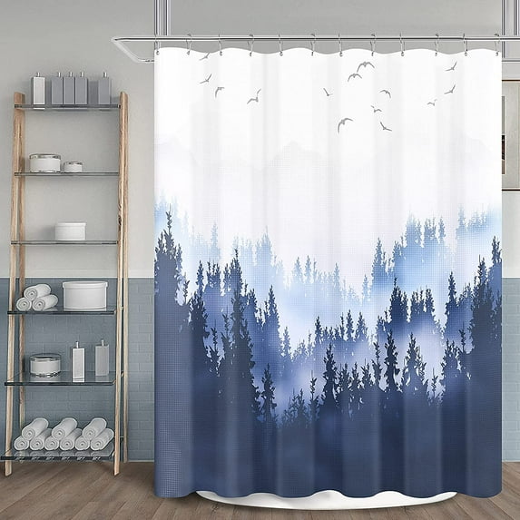 Shower Curtain Blue Misty Forest Shower Curtain Set Navy and White Ombre Shower Curtains for Bathroom Nature Waffle Fabric Water Repellent Bathroom Decor Bath Curtains for Hotels, 72x72