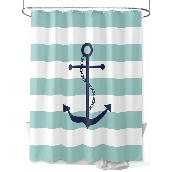 Shower Curtain Blue Nautical Anchor Chain Bathroom Curtains with Hooks, Waterproof Fabric Teal Green Stripes Bath Shower Curtains Set for Bathroom Bathtubs Decor 36x72 Inch