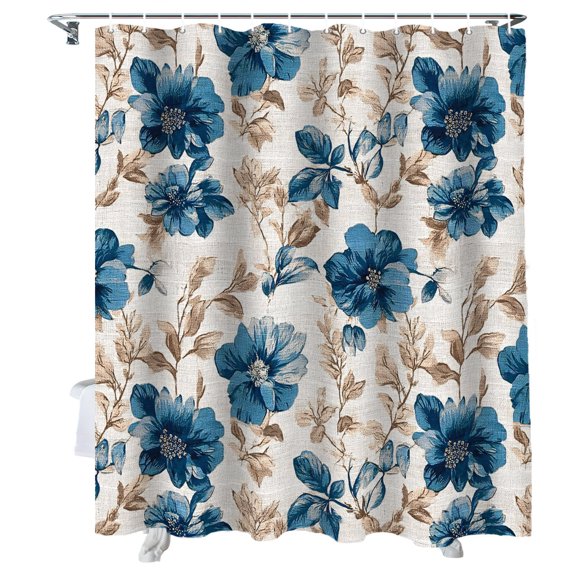 Shower Curtain Blue Rose Bloom Bathroom Curtains with Hooks, Waterproof Fabric Floral Leaves Branches Bath Shower Curtains Set for Bathroom Bathtubs Decor 36x72 Inch
