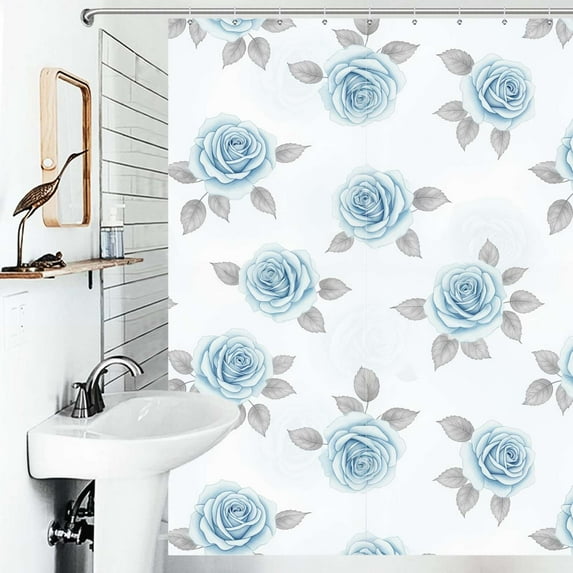 Shower Curtain Blue Rose Floral Pattern Polyester Waterproof Home Ration Curtain With Hook