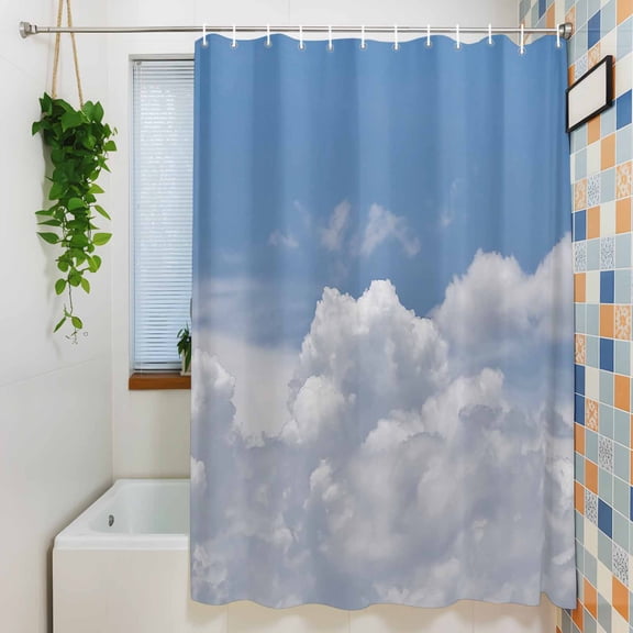 Shower Curtain, Blue Sky White Clouds Waterproof Polyester Fabric Bath Curtain with Hooks for Bathroom Bathtub Stalls, Sunny Gradient Back 72x72IN