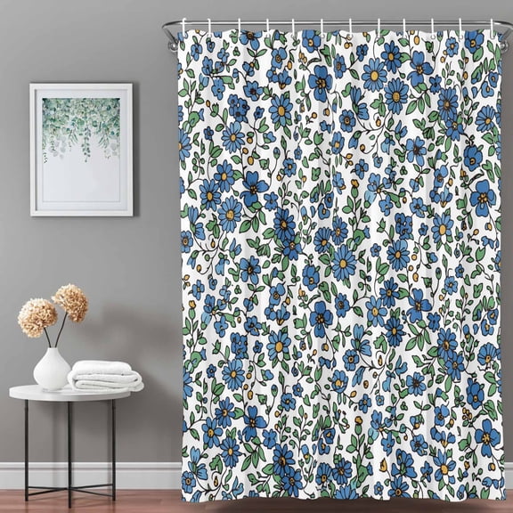 Shower Curtain,Blue Tiny Flowers Green Leaves Waterproof Shower Curtain Set with Hooks for Bathroom Showers,Stalls and Bathtubs,36x72in,Farmhouse Botanical