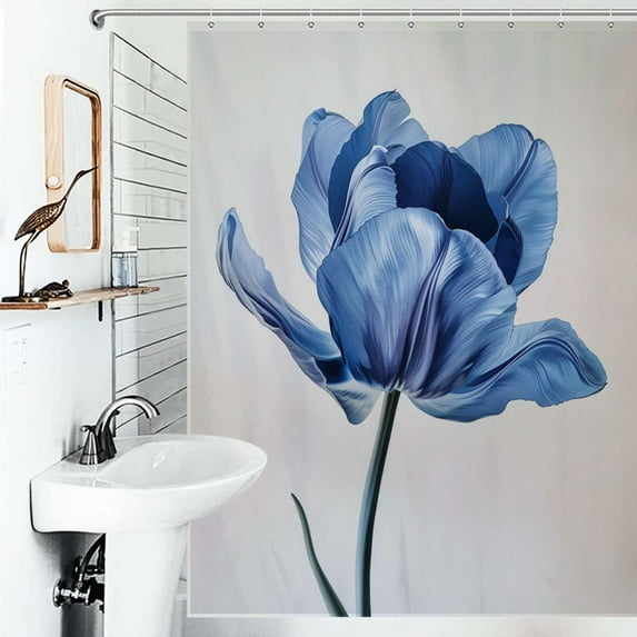 Shower Curtain Blue Tulip Flower With Stem Bath Curtain Polyester Fabric Bathroom Ration With Hooks