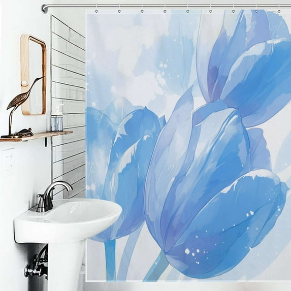 Shower Curtain Blue Tulip Flower With Stem Bathroom Waterproof Polyester Home Ration Curtain With Hook