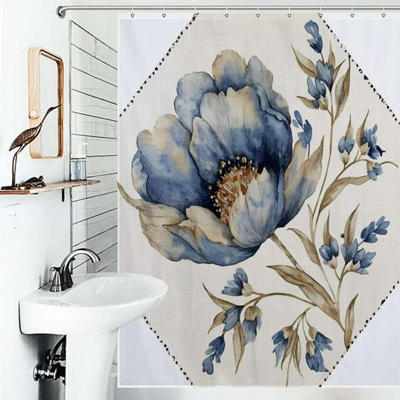 Shower Curtain Blue Tulip Flower With Stem Polyester Waterproof Home Ration Curtain With Hook