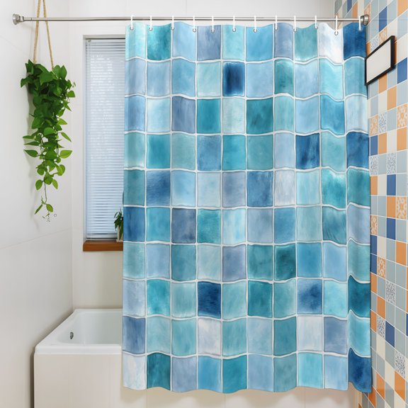 Shower Curtain, Blue White Color Block Waterproof Polyester Fabric Bath Curtain with Hooks for Bathroom Bathtub Stalls, Summer Ocean Watercolor Square 36x72IN