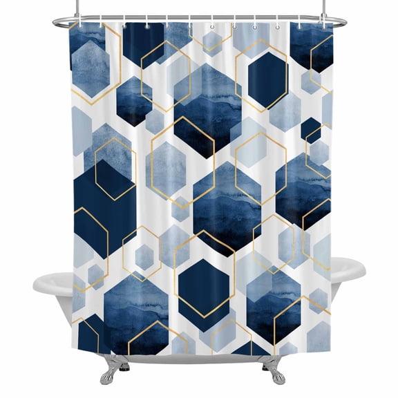 Shower Curtain, Blue White Gold Geometric Waterproof Fabric Bathroom Shower Curtains Set with Hooks,72 X 72 Inch Long, Modern Abstract Hexagon Pattern
