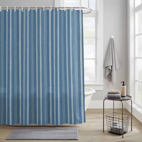 Shower Curtain,Blue White Vertical Stripes Waterproof Fabric Bath Curtains with Hooks Pinstripe Pattern Washable Bathroom Shower Curtains for Home Hotel Decor,36x72 Inch