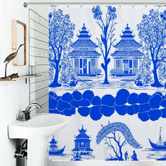 Shower Curtain Blue Willow Chinoiserie Blue And White Bath Curtain Polyester Fabric Bathroom Ration With Hooks