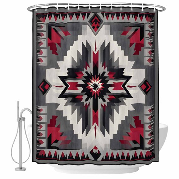 Shower Curtain Bohemian Red Gray Geometric Waterproof Polyester Bathroom Curtain Ethnic Vintage Decorative Bath Accessory for Shower, Tub, and Bathroom Decor 36 x 72 In