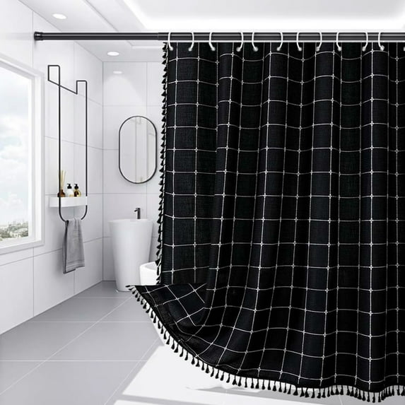 Shower Curtain Boho Farmhouse Linen Heavy Duty Striped Fabric Shower Curtain Set With 12 Hooks For Bathroom Showers Curtain
