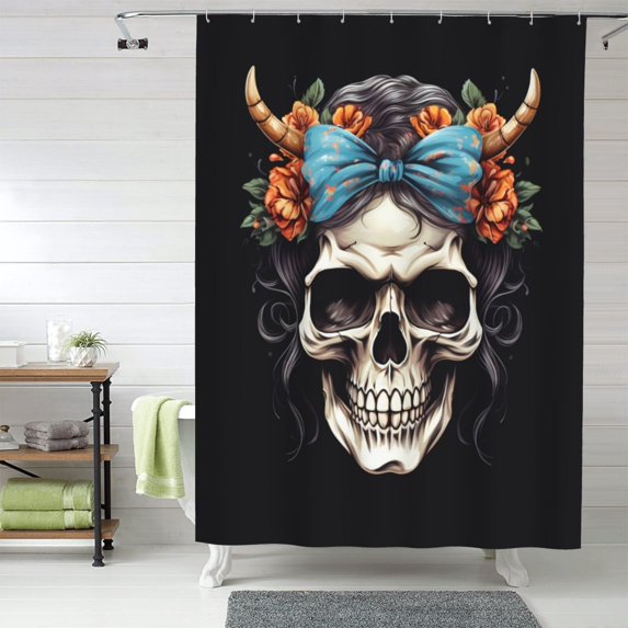 Shower Curtain, Bow Flower Skull Waterproof Fabric Plastic Shower Curtain, Drying Fast Bathroom Curtain with 9 Buttonholes, Ruffle Shower Curtain 60x72in