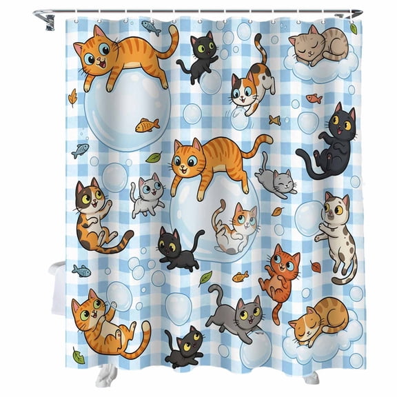 Shower Curtain Bubble Cute Cat Bathroom Curtains with Hooks, Waterproof Fabric Playing Animal Catty Fish Bath Shower Curtains Set for Bathroom Bathtubs Decor 36x72 Inch
