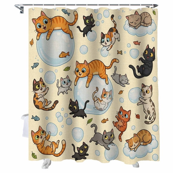 Shower Curtain Bubble Cute Cat Bathroom Curtains with Hooks, Waterproof Fabric Yellow Playing Animal Catty Fish Bath Shower Curtains Set for Bathroom Bathtubs Decor 36x72 Inch