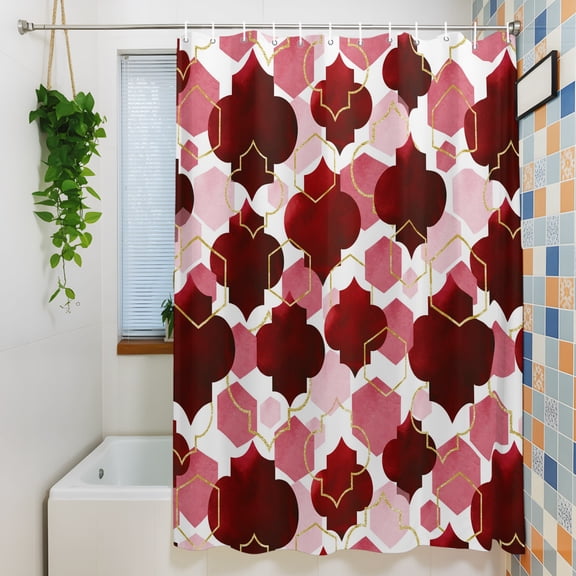 Shower Curtain, Burgundy Red Moroccan Texture Waterproof Polyester Fabric Bath Curtain with Hooks for Bathroom Bathtub Stalls, Retro Geometric Pattern 72x72IN