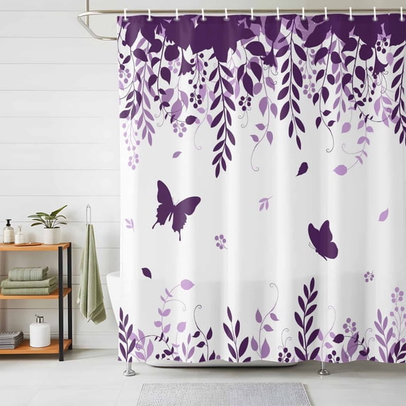 Shower Curtain Butterfly Leaf Shower Curtains for Bathroom Decor, Waterproof Polyester Shower Curtain Set with Hooks, Extra Long 72" x 78" Purple Plant Silhouette