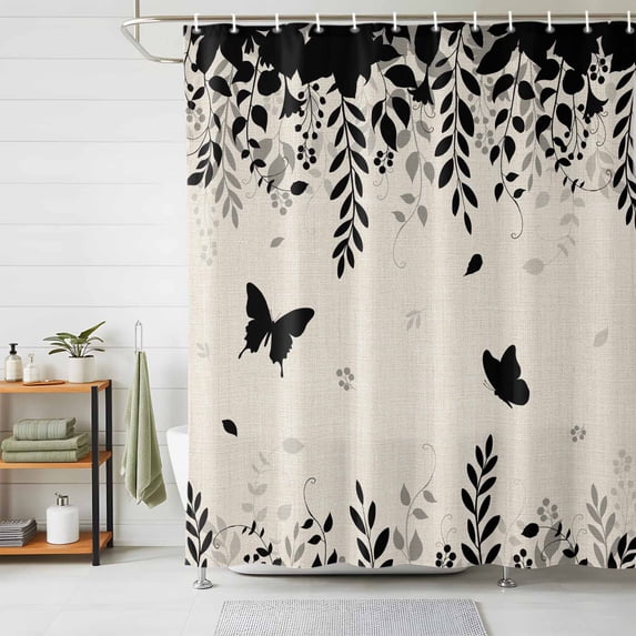 Shower Curtain Butterfly Leaf Shower Curtains for Bathroom Decor, Waterproof Polyester Shower Curtain Set with Hooks, Small Stall Size 36" x 72" Black Plant Silhouette