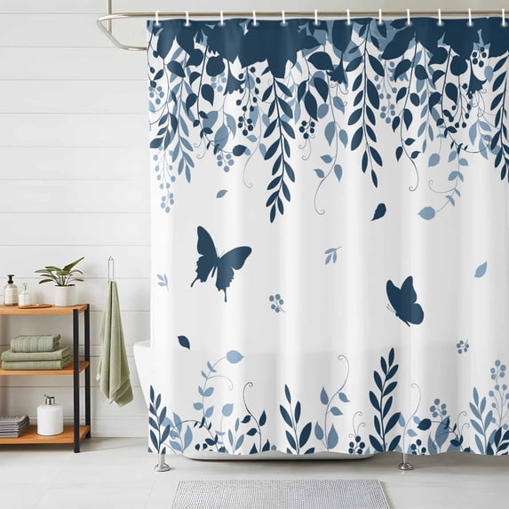 Shower Curtain Butterfly Leaf Shower Curtains for Bathroom Decor, Waterproof Polyester Shower Curtain Set with Hooks, Small Stall Size 36" x 72" Blue Plant Silhouette