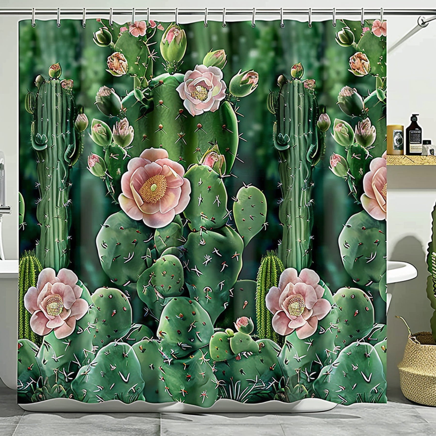 Shower Curtain Cactus Plant Green Bathroom Curtains with Pink Flowers