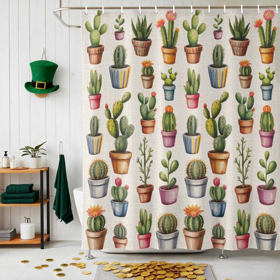 Shower Curtain, Cactus Summer Tropical Plant Waterproof Shower Curtain Set with Hooks for Bathroom Showers,Stalls and Bathtubs,72x72In Vintage Potted Greenery