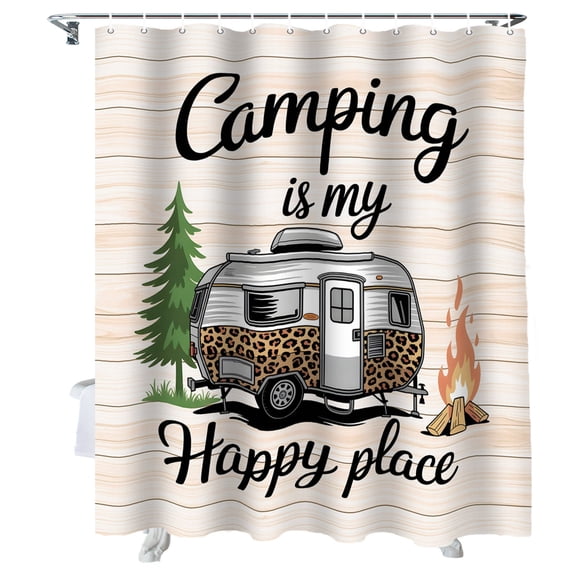 Shower Curtain Camping Is My Happy Place Shower Curtains for Bathroom Bathtub, Waterproof Fabric Shower Curtain Set with Hooks, Small Stall Size 72" x 84" Camper Van Tree Flame Wood