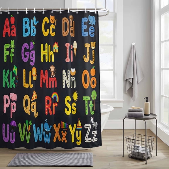 Shower Curtain, Cartoon Alphabet Cute Waterproof Shower Curtain Set with Hooks for Bathroom Showers,Stalls and Bathtubs,36x72In Colorful Letters Pattern