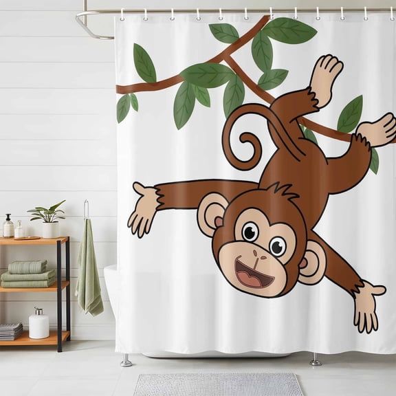 Shower Curtain,Cartoon Funny Monkey Green Leaves on White Waterproof Shower Curtain Set with Hooks for Bathroom Showers,Stalls and Bathtubs,72x72in,Country Vine