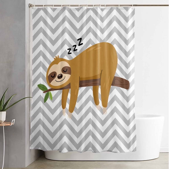 Shower Curtain, Cartoon Sloth Tree Branch Waterproof Shower Curtain Set with Hooks for Bathroom Showers,Stalls and Bathtubs,60x72In Gray Chevron Stripe Animal