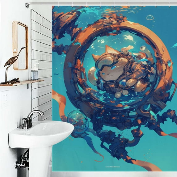 Shower Curtain Cat On Diving Adventure Bath Curtain Polyester Fabric Bathroom Ration With Hooks